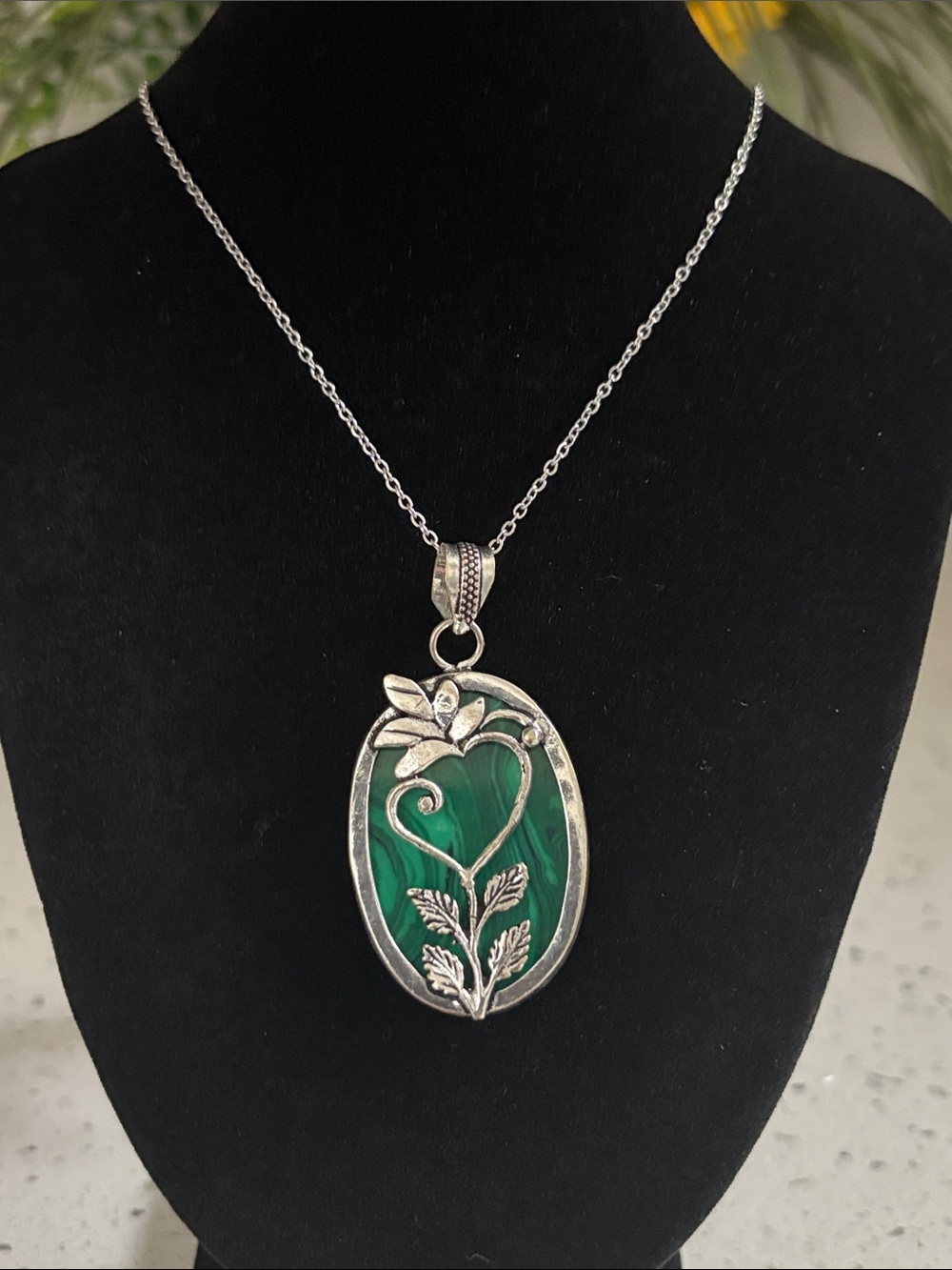 Sterling Silver Leaf Heart Malachite Gemstone Pendant Necklace